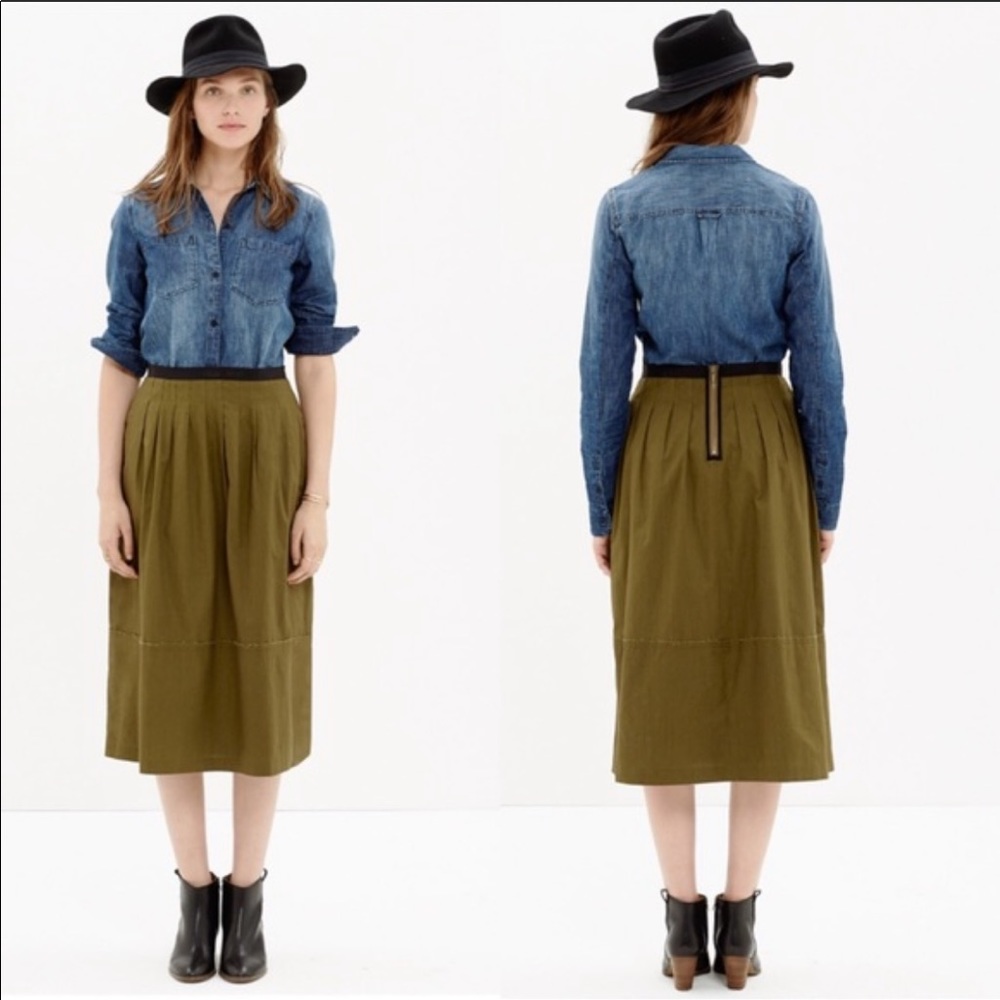 Madewell Pleated Midi Skirt Size 4 Olive Green EUC - Picture 1 of 7